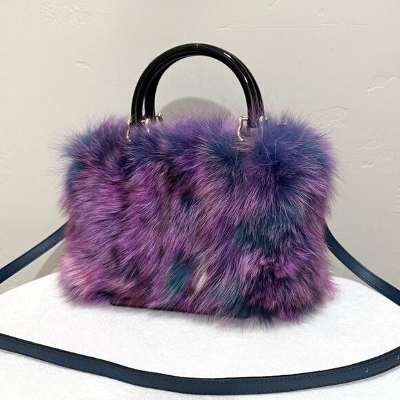 Purple Gradient Handmade Luxury Real Fox Fur Top Handles Satchel Bag/Crossbody - Picture 1 of 16